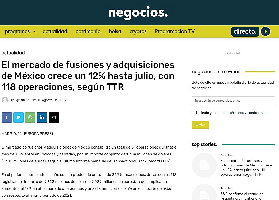 El mercado de fusiones y adquisiciones de Mxico crece un 12% hasta julio, con 118 operaciones, segn TTR